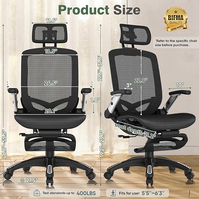 GABRYLLY Office Chair with Footrest, Ergonomic Desk Chair - 135° Recline Wide, 45° Flip-Up Arms,3D Headrest & Mesh Seat, High Back Home Gaming Chair for Adult Man Woman, 300LBS