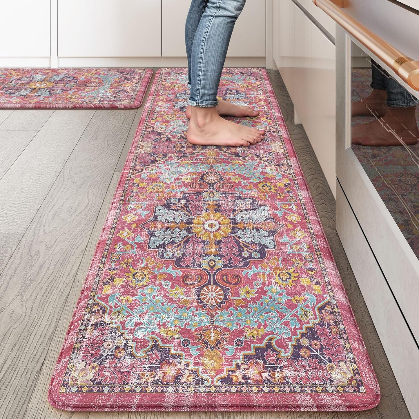 KIMODE Anti Fatigue Kitchen Mat, Cushioned Boho Kitchen Rugs Sets of 2, Non Slip Farmhouse Kitchen Mat for Floor, Waterproof Standing Desk Mat for Laundry, Office, Sink Fuchsia/Multi 17"x59"+17"x29"