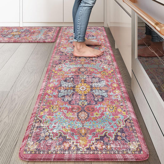 KIMODE Anti Fatigue Kitchen Mat, Cushioned Boho Kitchen Rugs Sets of 2, Non Slip Farmhouse Kitchen Mat for Floor, Waterproof Standing Desk Mat for Laundry, Office, Sink Fuchsia/Multi 17"x59"+17"x29"
