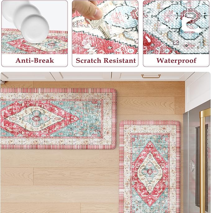 KIMDOE Kitchen Rugs and Mats 2PCS Cushioned Anti Fatigue Kitchen Mat Non-Skid Waterproof Kitchen Runner Rug for Kitchen Decor,Floors,Office,Laundry,Rose Red