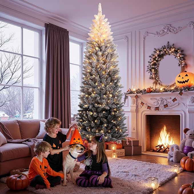 GarveeHome 6Ft Prelit Black Christmas Tree with Lights Halloween Tree Slim Artificial Halloween Christmas Tree Artificial Pencil Tree Automatic Branches for Home, Office, Party Decoration