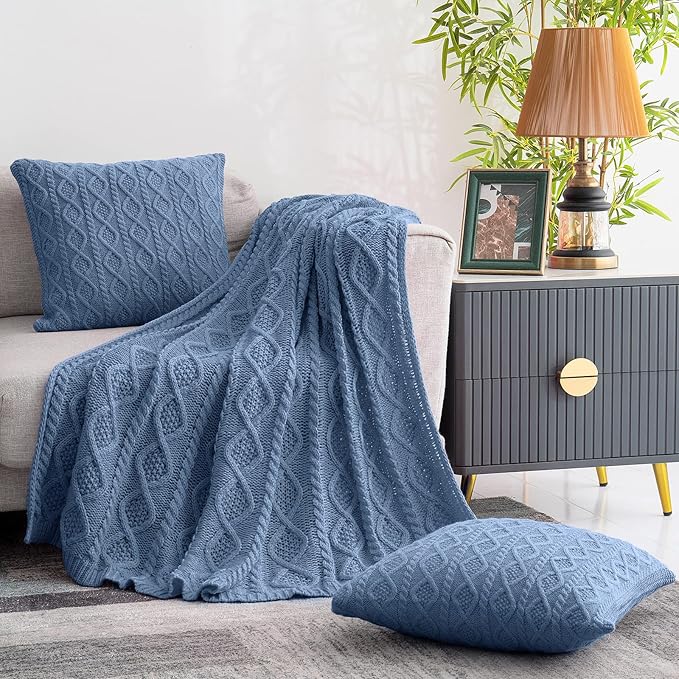 Homiest Cable Knit Throw Blanket & Pillow Set, Dusty Blue Set of 3, Knitted Blanket (50"x60") & 2 Pillow Covers (18"x18"), Soft & Cozy Decorative Couch Bed Sofa
