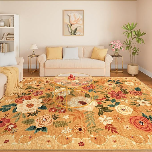 DUKINO 8x10 Area Rug, Floral Rugs for Living Room, Lightweight Non Slip Washable Rug, Indoor Low Pile & Non-Shedding Boho Design Rugs for Bedroom, Living Room, Dining Room, Orange