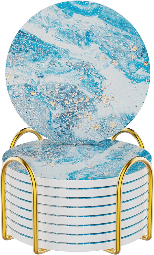 Coasters for Drinks Set of 8, Absorbent Mountainous Region Marble Style with Metal Golden Holder, Ceramic Coaster Set Cup Mat for Home Decor, Bar, Kitchen, Party