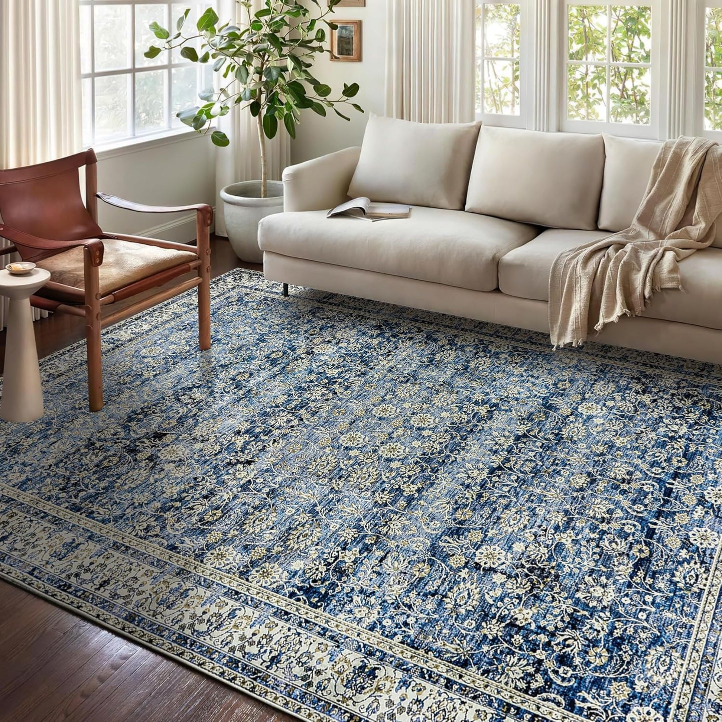 Blue Rug for Bedroom Neutral Boho Farmhouse Floral Washable Soft Faux Wool No Slip Area Rugs for Living Room Home Office,5x8