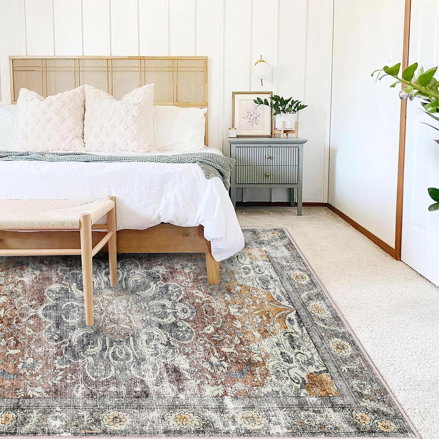 Area Rug 8x10 Washable Rug Taupe Vintage Traditional Mat Distressed Indoor Foldable Thin Retro Accent Rug Floral Print Non Slip Carpet Living Room Dining Room Office