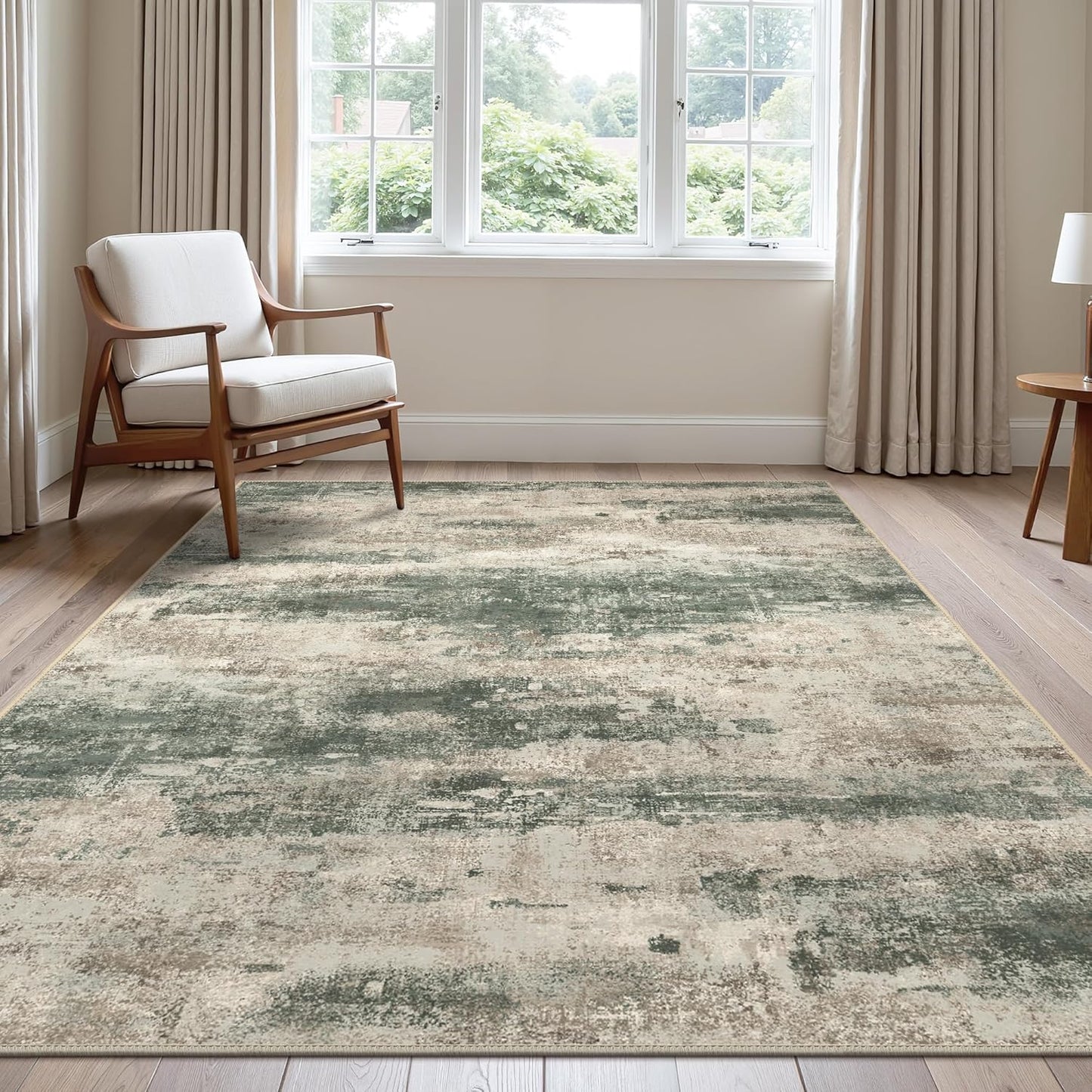 Area Rugs 8x10 for Living Room Bedroom, Modern Abstract Machine Washable Rug, Large Soft Low Pile Floor Cover with Non Slip Backing for Dining Room, Muted Green/Beige