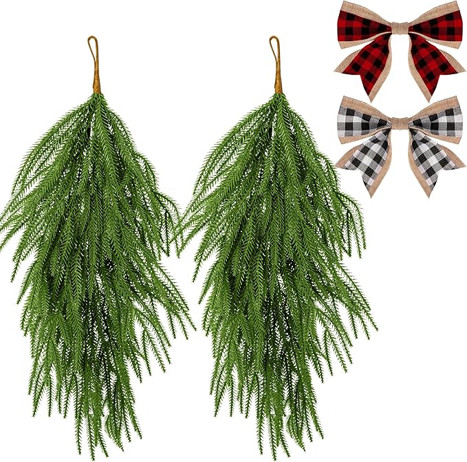 2 Pcs Artificial Christmas Teardrop Swag with Plaid Bow, 28" Faux Pine Needles Teardrop Door Swag, Christmas Norfolk Greenery Teardrop Wreath for Xmas Door Mantle Fireplace Indoor Outdoor Decor