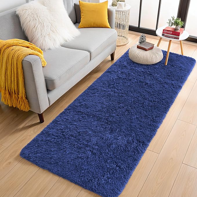 OLANLY 2x6 Machine Washable Runner Rugs for Hallway, Soft Fluffy Shaggy Bedside Rugs for Bedroom, Living Room, Indoor Floor Carpet for Kids Girls Boys, Nursery Rooms, Home Decor Aesthetic, Navy Blue