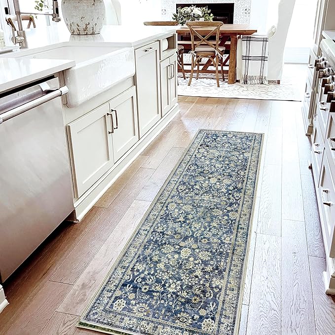 Vintage Design Flower Area Rug Distressed Carpet Multi 2x6 Cover Print Rug Kitchen Living Room Bedroom Dining Room,Blue