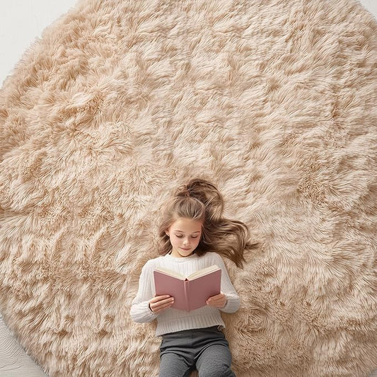 OLANLY Beige Round Rugs for Bedroom - Machine Washable, 9 ft Circle Area Rugs for Living Room, Soft and Fluffy Shaggy Carpet for Teen Girls and Boys, Nursery Rooms, Dorms, Home Decor Aesthetic