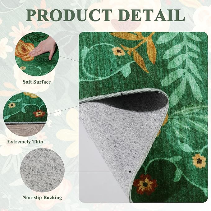 DUKINO 4x6 Area Rug, Lightweight Non Slip Washable Floral Rug, Indoor Low Pile & Non-Shedding Boho Design Rugs for Bedroom, Living Room, Dining Room, Dark Green