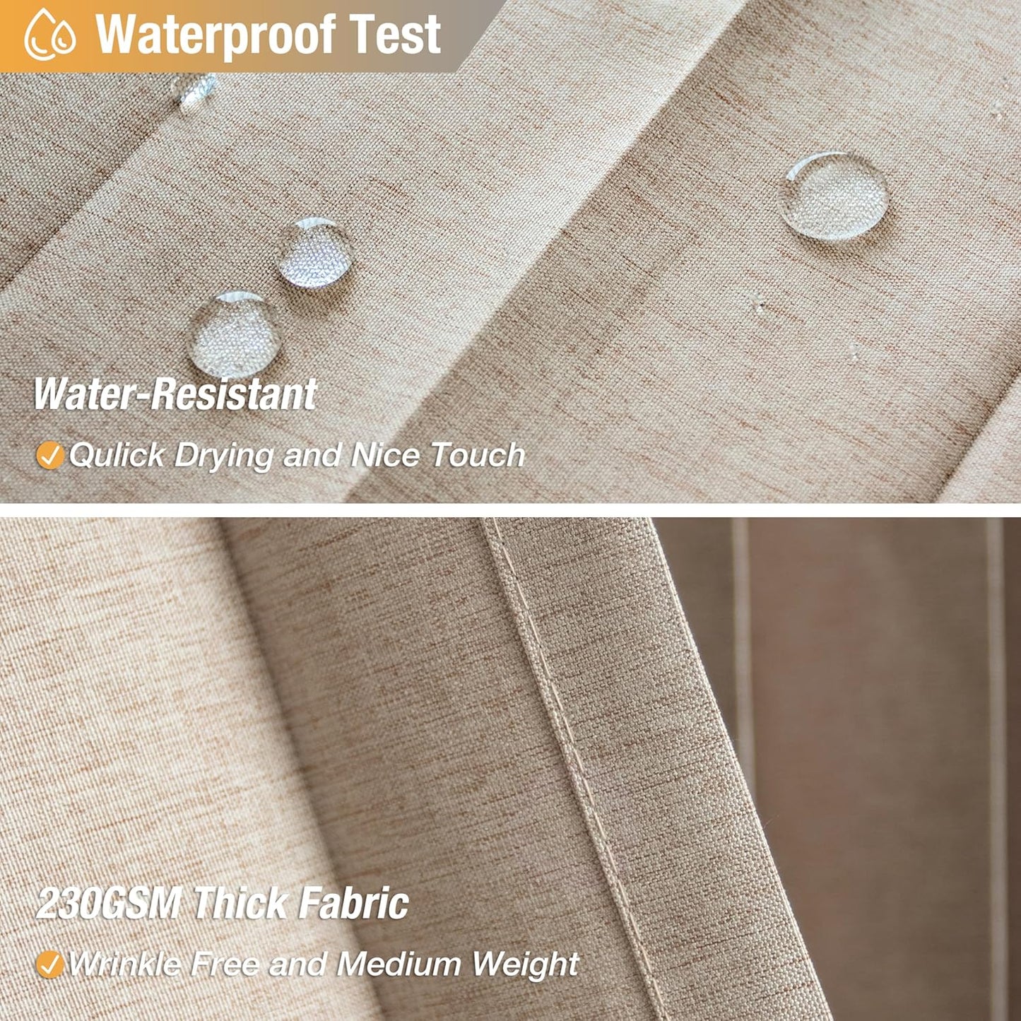 Jubilantex Folding Linen Shower Curtain for Bathroom Khaki Waterproof Shower Curtain 1 Panel with 14 Metal Grommets and 1 Tie Back for Hotel,70"x70"