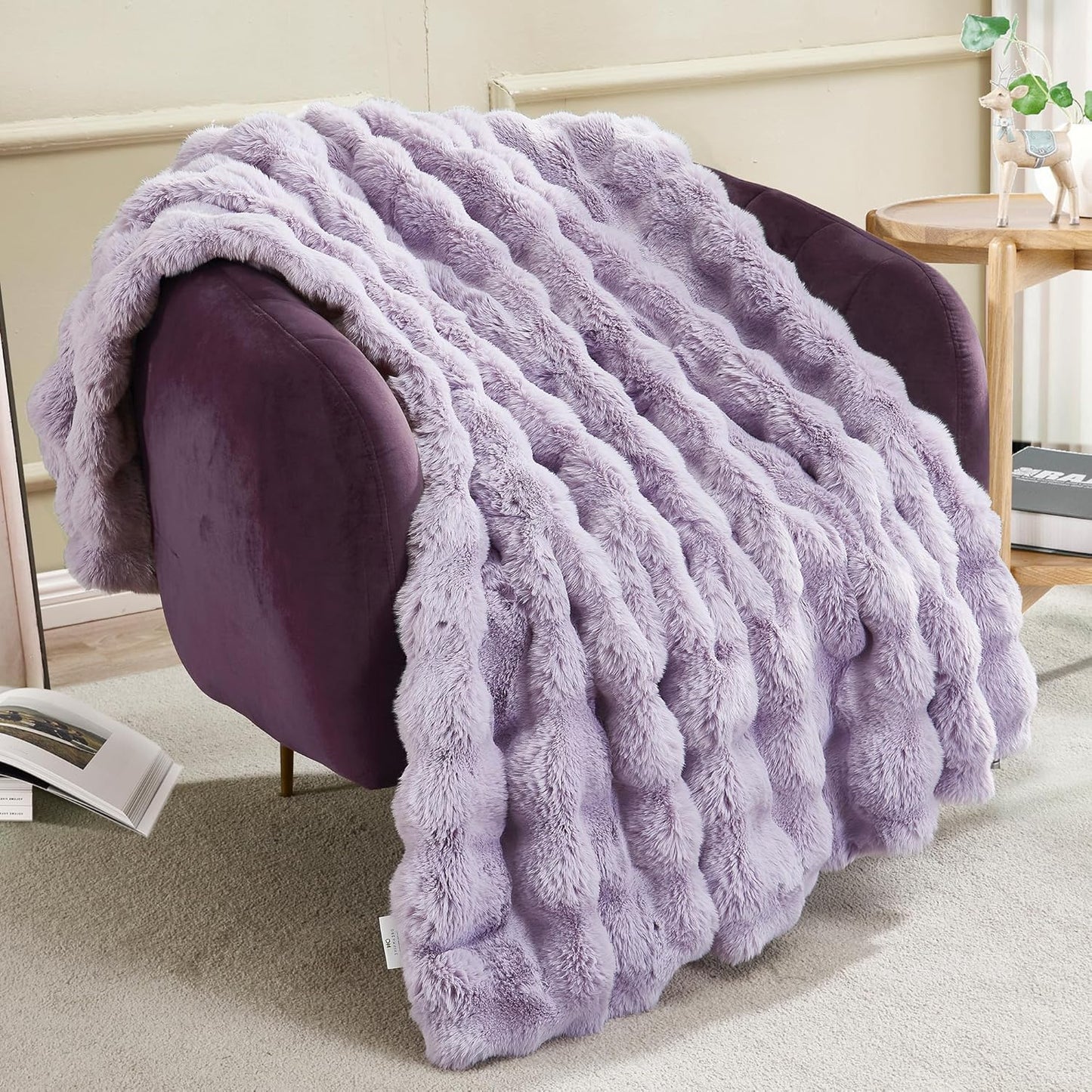 JONIYEAR Soft Fuzzy Bubble Faux Rabbit Fur Throw Blanket 50" x 60", Double Sided Aesthetic Warm Fluffy Blanket for Winter,Luxury Cozy Puffy Shaggy Plush Furry Blankets for Couch Sofa Bed, Lilac Purple