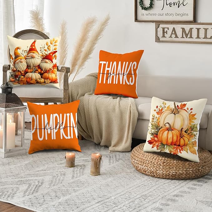 JioJio Chan Fall Pillow Covers 18x18 - Set of 4 Throw Pillow Covers for Sofa Couch, Autumn Thanksgiving Pumpkin Orange Decoration for Home Living Room Bedroom Decor Outdoor Indoor