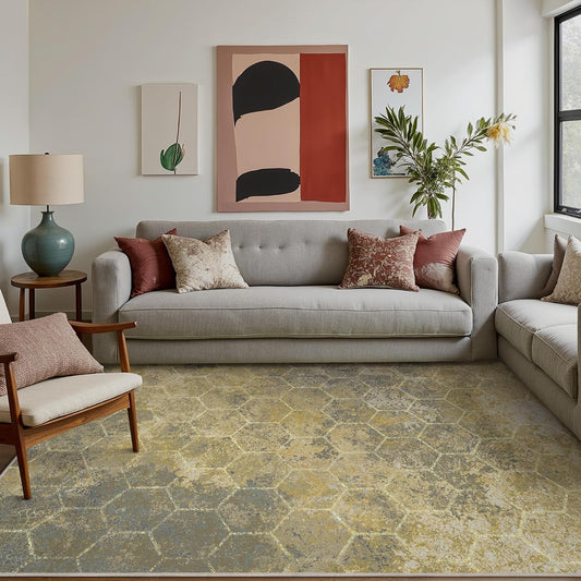 Area Rugs 8x10 for Living Room Bedroom, Modern Abstract Honeycomb Geometric Design, Machine Washable Rug, Large Soft Low Pile Floor Cover with Non Slip Backing for Dining Room, Golden Mist