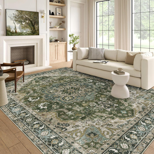 Washable Area Rug 5x7 - Boho Living Room Rug Stain Resistant Soft Bedroom Rug Ultra-Thin Moss Green Vintage Oriental Farmhouse Dining Room Rugs for Under Table Indoor Carpet for Living Room