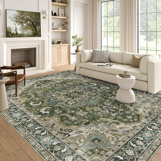 Washable Area Rug 5x7 - Boho Living Room Rug Stain Resistant Soft Bedroom Rug Ultra-Thin Moss Green Vintage Oriental Farmhouse Dining Room Rugs for Under Table Indoor Carpet for Living Room