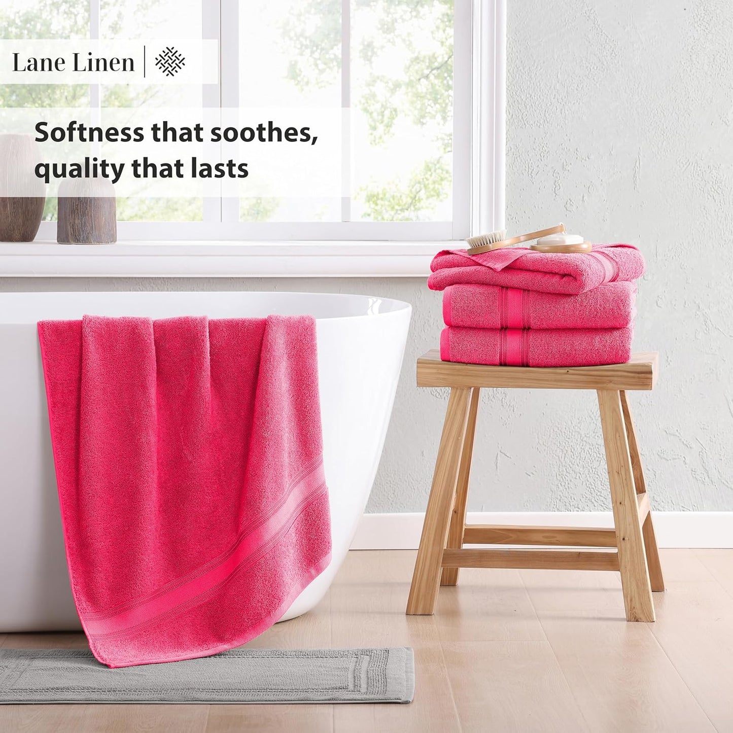 LANE LINEN 100% Cotton Large Bath Towels Set of 4 (30"x60") - Zero Twist, Mercerized Cotton Bathroom Towel 4 Pack - Quick Dry, Soft & Absorbent Large Towels Set - Dorm Essentials for Girls - Fuchsia