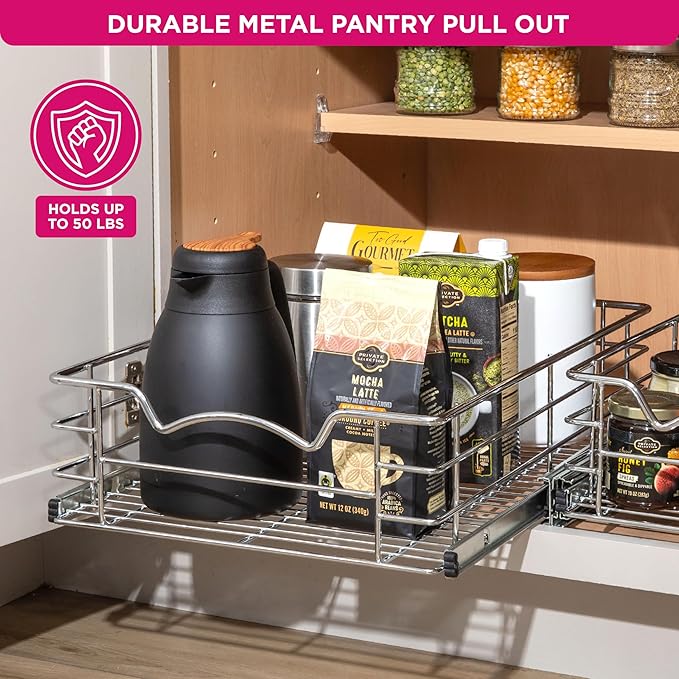 HOLDN’ STORAGE Pull Out Cabinet Organizer, Individual Sliding Drawers - Heavy Duty Metal with Lifetime Limited Warranty - Anti Rust Chrome Finish (Single Tier, 11" W)