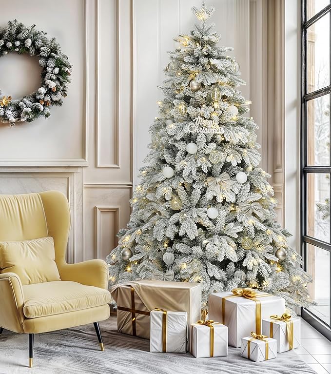 DWVO 6ft Pre-Lit Snow Flocked Artificial Christmas Tree, Luxurious Canaan Fir Design with 1225 PE & PVC Branch Tips, 260 Lights for Colorful Home and Office Holiday Decoration