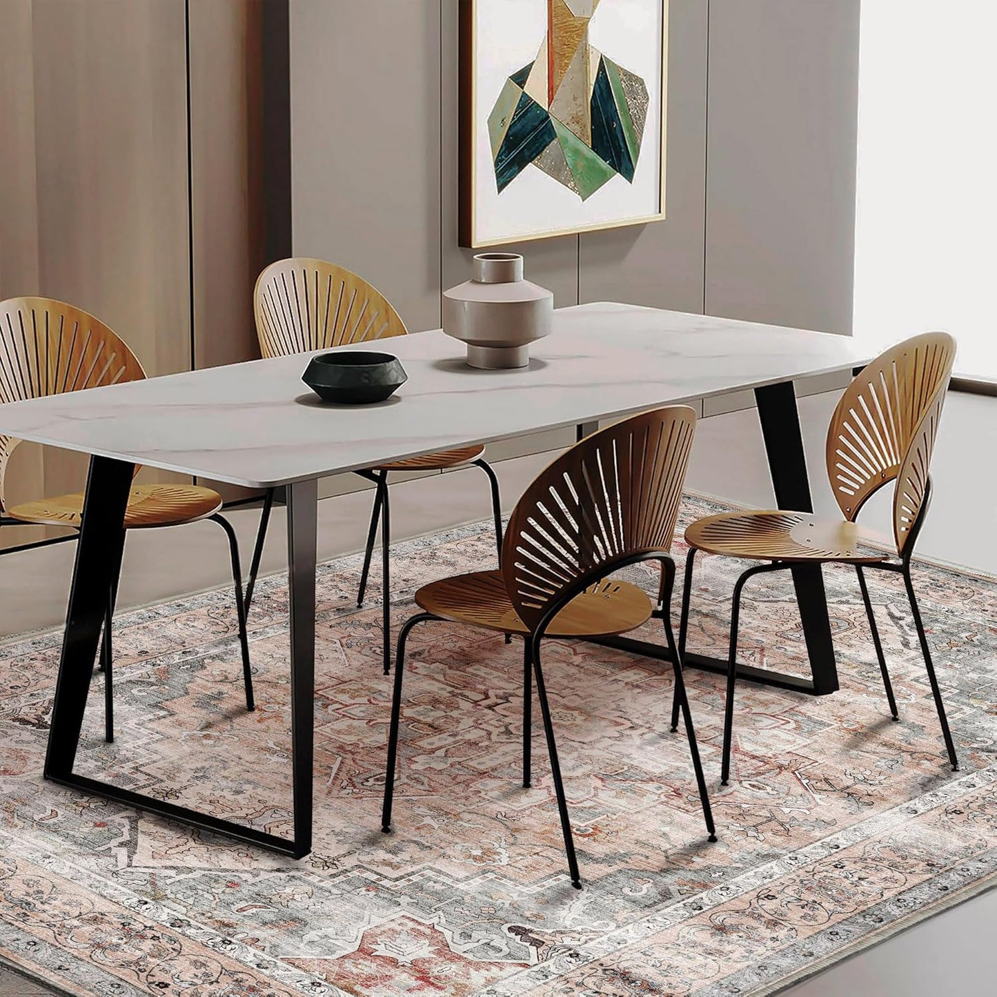 3'x5' Light Cyan and Light red Vintage Washable Thin Area Rug Traditional Floor Cover Foldable Indoor Distressed Non Slip Carpet Floral Print Mat Bedroom Living Room Bathroom