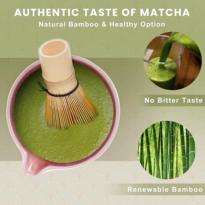 Matcha Whisk Set, Ceramic Matcha Set Includes Matcha Bowl, Matcha Whisk (Chasen) and Holder, Sifter, Bamboo Scoop & Spoon - 6 Pcs Matcha Kit for Matcha Lovers Pink