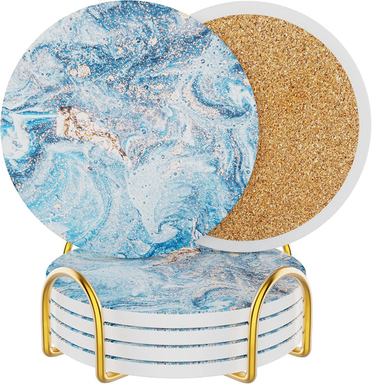 Coasters for Drinks Set of 4, Absorbent Starry Sky Marble with Metal Golden Holder, Ceramic Coaster Set Cup Mat for Home Decor, Bar, Kitchen, Party