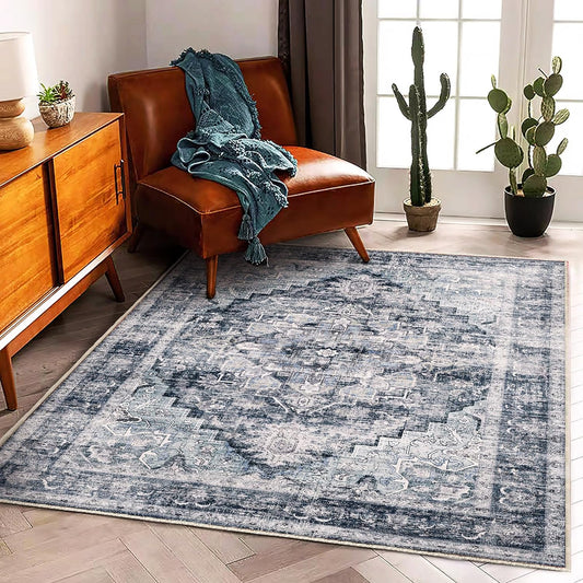 Area Rug 5'x7' Dark Blue Washable Vintage Traditional Floor Cover Thin Retro Kitchen Indoor Distressed Non Slip Carpet for Living Room Bedroom Dining Room