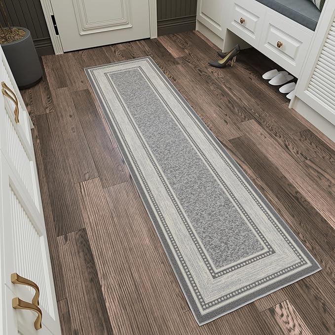 Ottomanson Hallway Runner Rug 1'10" x 7' Non Slip Border Area Rugs Easy to Clean Laundry Rug Runner Durable & Pet Friendly Floor Carpet Runners for Hallways Entryway Living Room Kitchen, Light Gray