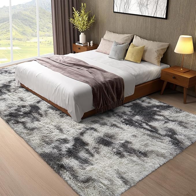 Ophanie Tie-Dyed Grey&White 8x10 Area Rugs for Living Room, Large Shag Bedroom Carpet, Big Indoor Thick Soft Nursery Rug, Fluffy Carpets for Boy and Girls Room Dorm Home Decor Aesthetic
