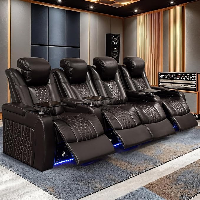 Home Theater Seating, Living Room, Heat & Massage, Powered Headrest, Powered Lumbar, Italian Leather, Powered Recline, Single Recliner (Coffee Color, Row of 4 Loveseat Middle)
