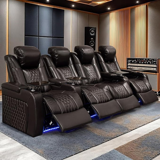 Home Theater Seating, Living Room, Heat & Massage, Powered Headrest, Powered Lumbar, Italian Leather, Powered Recline, Single Recliner (Coffee Color, Row of 4 Loveseat Middle)