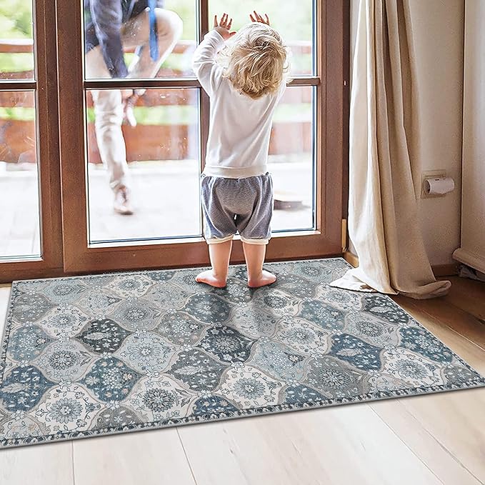 Lahome Moroccan Trellis Small Area Rug, 2x4 Rugs for Entryway Non-Slip Vintage Ultra-Thin Washable Indoor Door Mat Distressed Throw Carpet for Bathroom Kitchen Bedroom, Blue