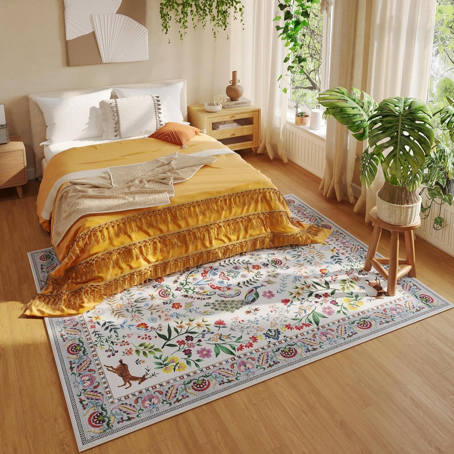 Living Room Rug 6x9 Rug Machine Washable Area Rug Floral Non-Slip Low Pile Large Rug for Living Room, Bedroom, Farmhouse, Dining Room, Kids Playroom(Colorful)