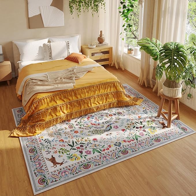Living Room Rug 5x7 Rug Machine Washable Area Rug Floral Non-Slip Low Pile Large Rugs for Living Room, Bedroom, Farmhouse, Dining Room, Kids Playroom(Colorful)
