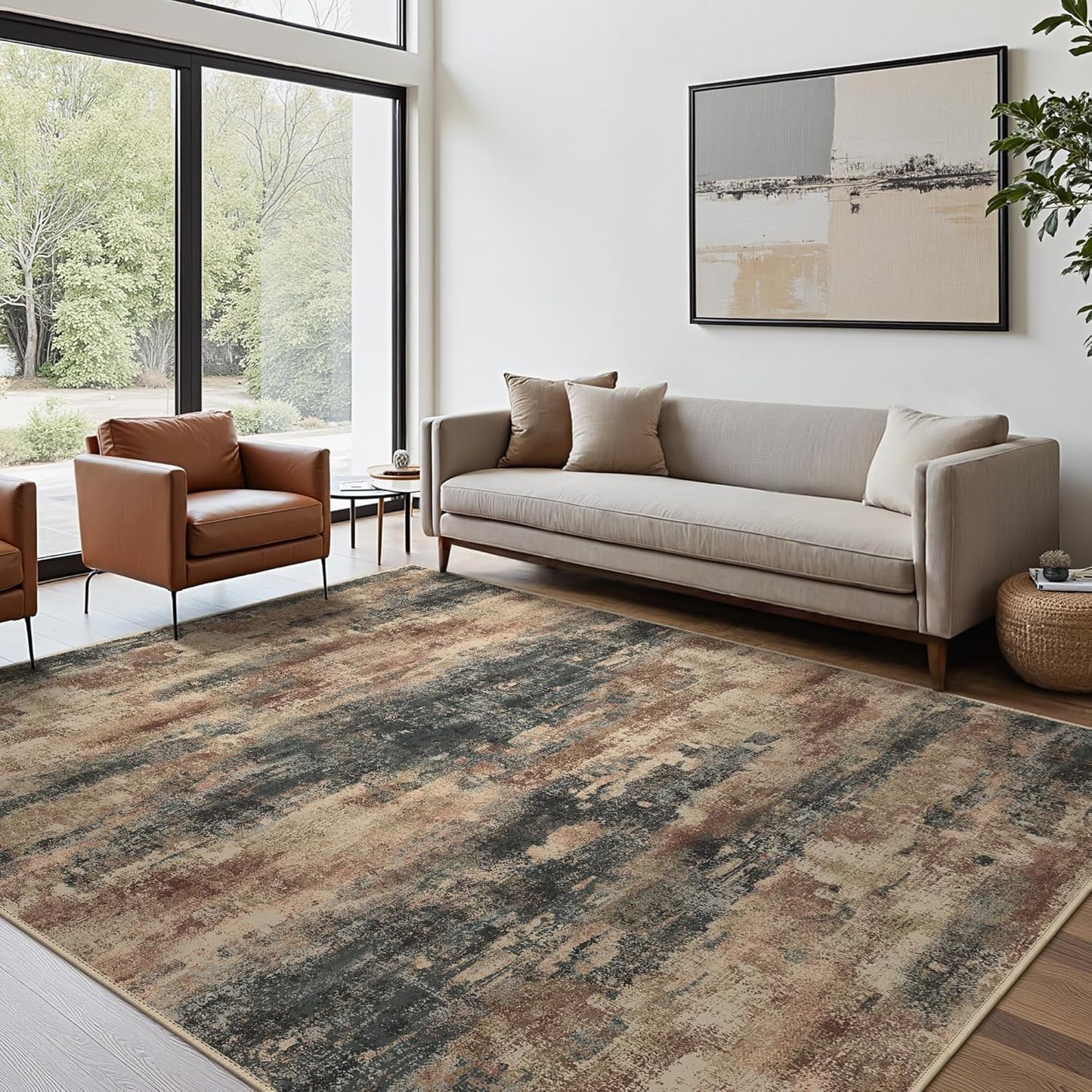 Area Rugs 10x14 for Living Room Bedroom, Modern Abstract Machine Washable Rug, Large Soft Low Pile Floor Cover with Non Slip Backing for Dining Room, Stone Rust
