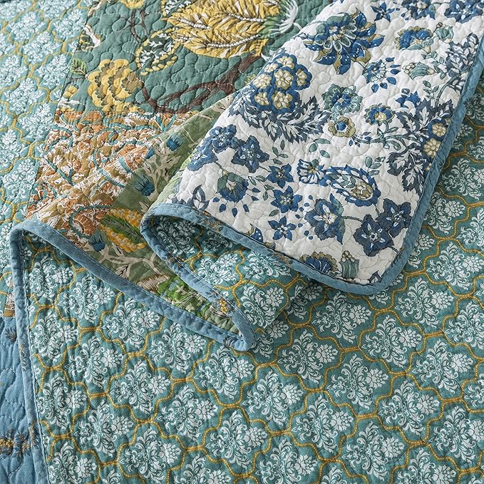 NEWLAKE Cotton Patchwork Bedspread, 3-Piece Bedding Quilt Set with Real Stitched Embroidery, Reversible Matelasse Bed Coverlet Set,Green Farmhouse Garden,Queen Size