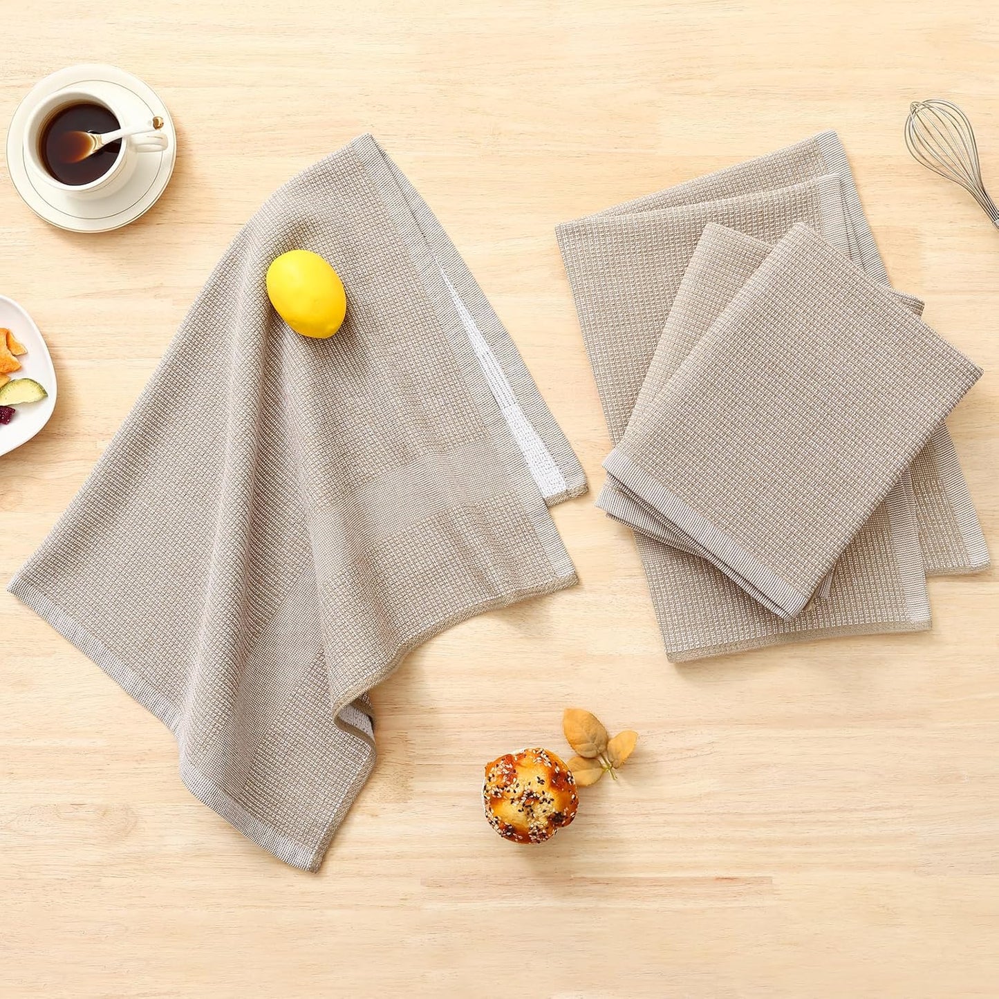 Homaxy Premium Kitchen Towels(18”x 28”, 12 Pack), Large Cotton Kitchen Hand Towels, Flat and Terry Dish Towels, 380 GSM Highly Absorbent Tea Towel Set with Hanging Loop, Khaki