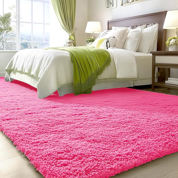 OLANLY 9x12 Machine Washable Large Area Rugs for Living Room, Bedroom, Soft Fluffy Shaggy Bedside Rug, Indoor Floor Carpet for Kids Girls and Boys, Dorms, Nursery, Home Decor Aesthetic, Hot Pink