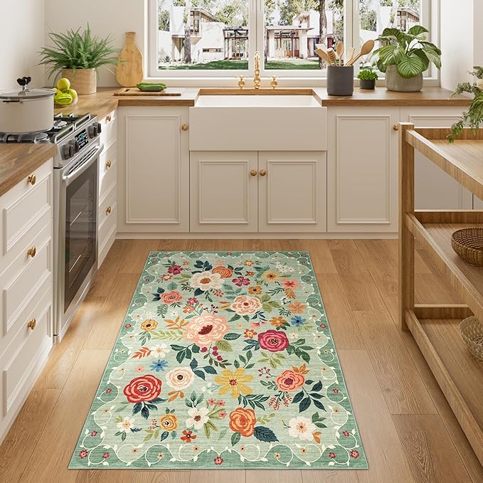 DUKINO 3x4 Area Rug, Lightweight Non Slip Washable Floral Rug, Indoor Low Pile & Non-Shedding Boho Design Carpets for Bedroom, Kitchen, Dining Room, Green