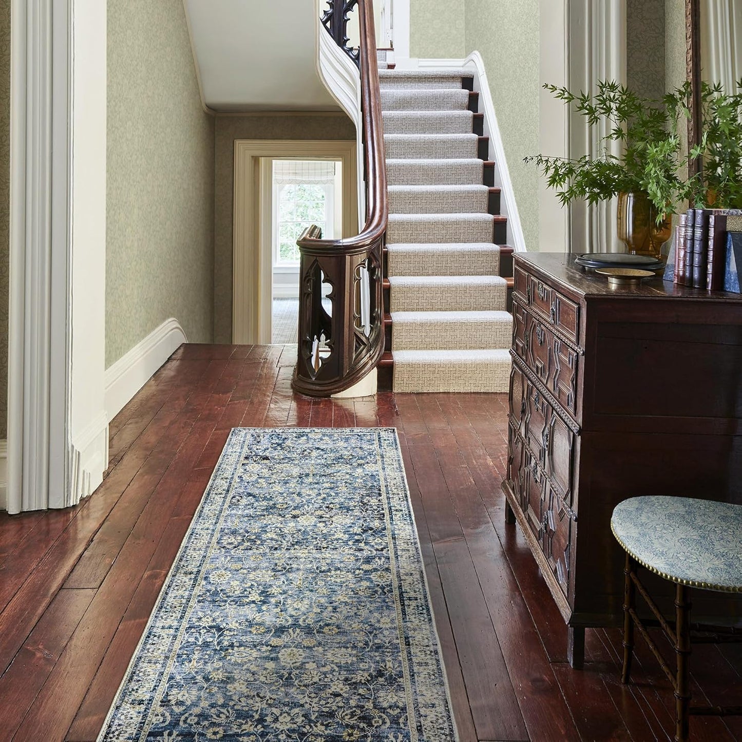 Vintage Design Flower Area Rug Distressed Carpet Multi 2x6 Cover Print Rug Kitchen Living Room Bedroom Dining Room,Blue