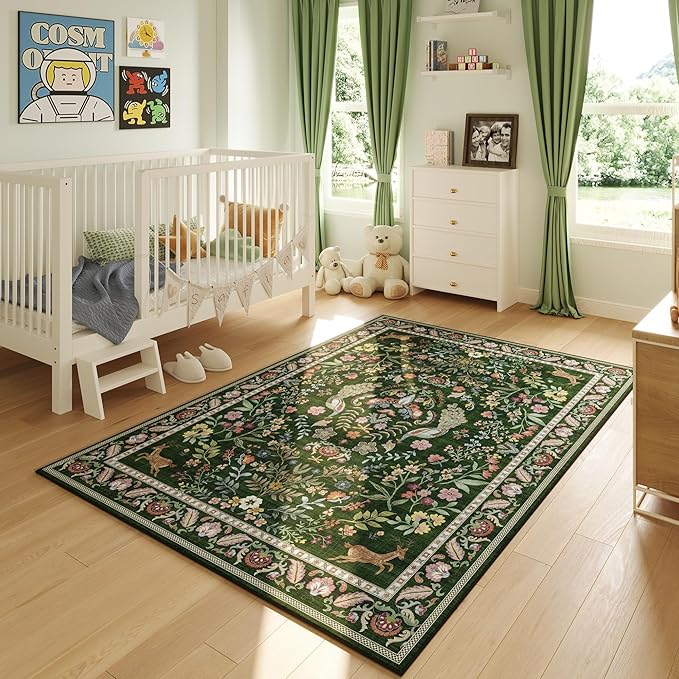 Area Rug 4x6 Rug Washable Rugs Floral Non Slip Low Pile Small Carpet for Bedroom, Bedside, Kids Room, Office, Dining Room (Emerald Green)