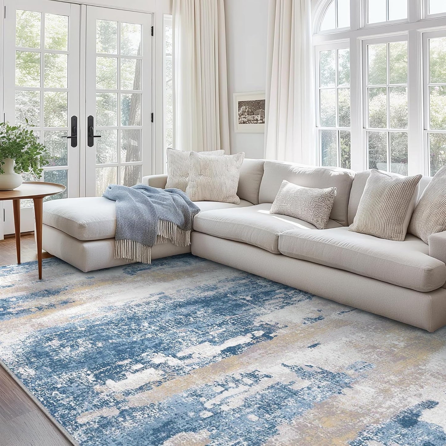 Area Rugs 10x12 for Living Room Bedroom, Modern Abstract Machine Washable Large Blue Cream Rug, Soft Low Pile Floor Carpet with Non Slip Backing for Dining Room