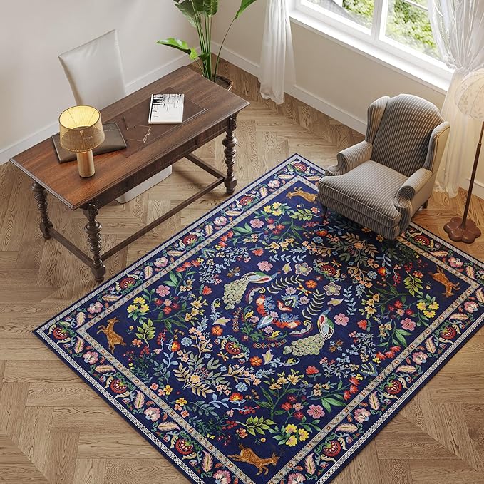 Area Rug 4x6 Rug Washable Rugs Floral Non Slip Low Pile Small Carpet for Bedroom, Bedside, Kids Room, Office, Dining Room(Blue)