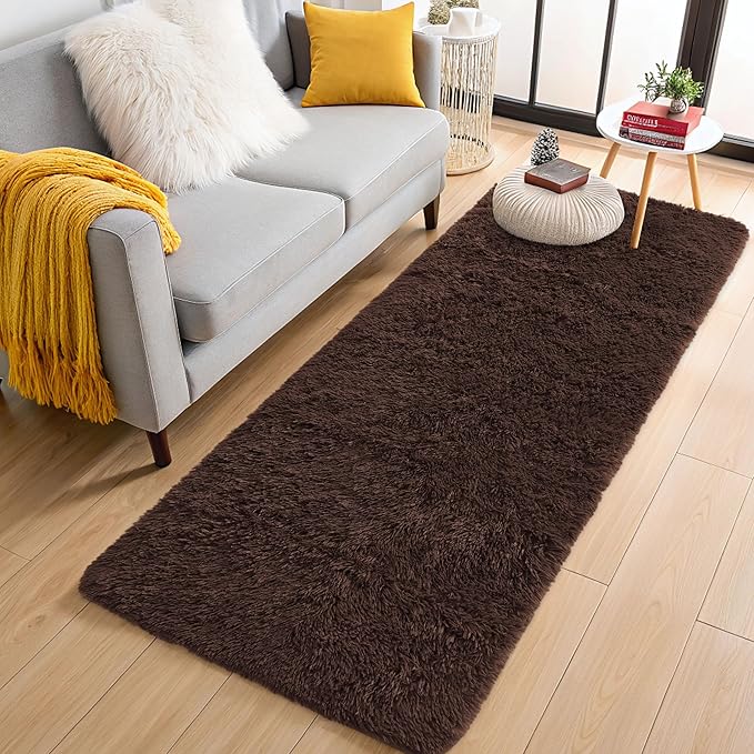 OLANLY 2x5 Machine Washable Runner Rugs for Hallway, Soft Fluffy Shaggy Bedside Rugs for Bedroom, Living Room, Indoor Floor Carpet for Kids Girls and Boys, Nursery Rooms, Home Decor Aesthetic, Coffee