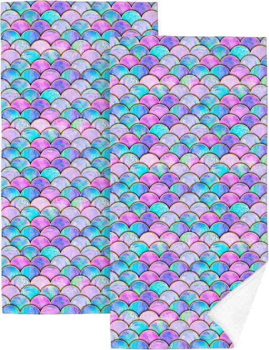 Cute Mermaid Scales Decorative Bath Hand Towels for Bathroom Set of 2, 14x28 Inch Rainbow Bathroom Hand Towels for Yoga Swim Hotel Spa Home Bathroom Decor