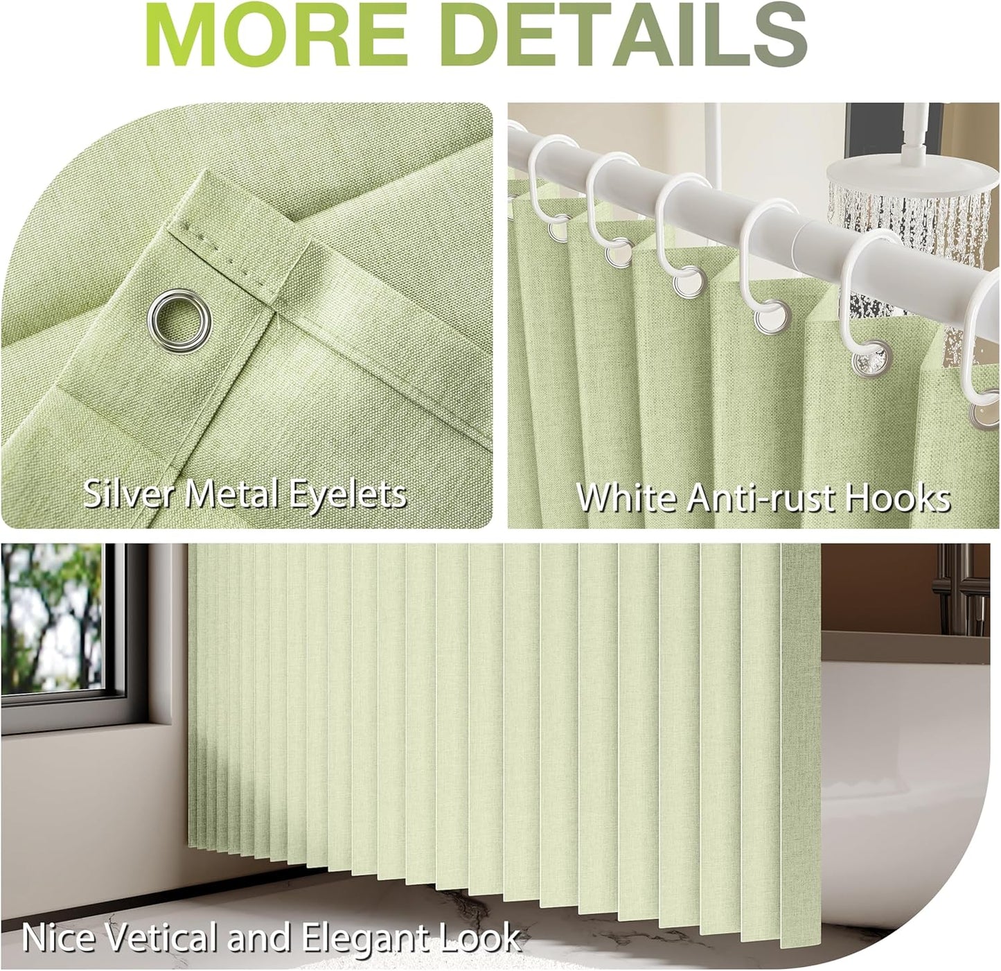 Jubilantex Folding Linen Shower Curtain for Bathroom Sage Waterproof Shower Curtain 1 Panel with 14 Metal Grommets and 1 Tie Back for Hotel,70"x70"