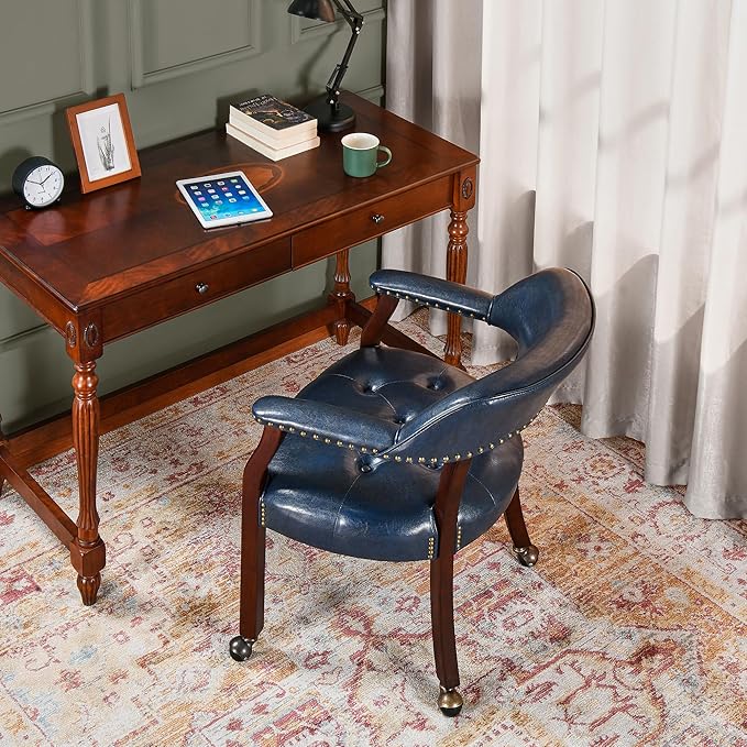 MODERION Dining Chairs with Wheels and Arm, Caster Boss Captain's Chairs with Solid Wood Leg, Office Desk Chairs with Button Upholstered, Classic Swivel Chair, 31.5”H Cherry Walnut Leg & Blue SY1533LB