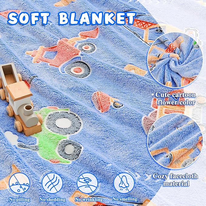 Inhand Truck Car Construction Toys Glow in the Dark Blanket Truck Gifts for Boys Kids Throw Blanket Car Excavator Crane Toys for Kids Boys Birthday Halloweenchristmas Cute Soft Room Decor Blue 50"X60"